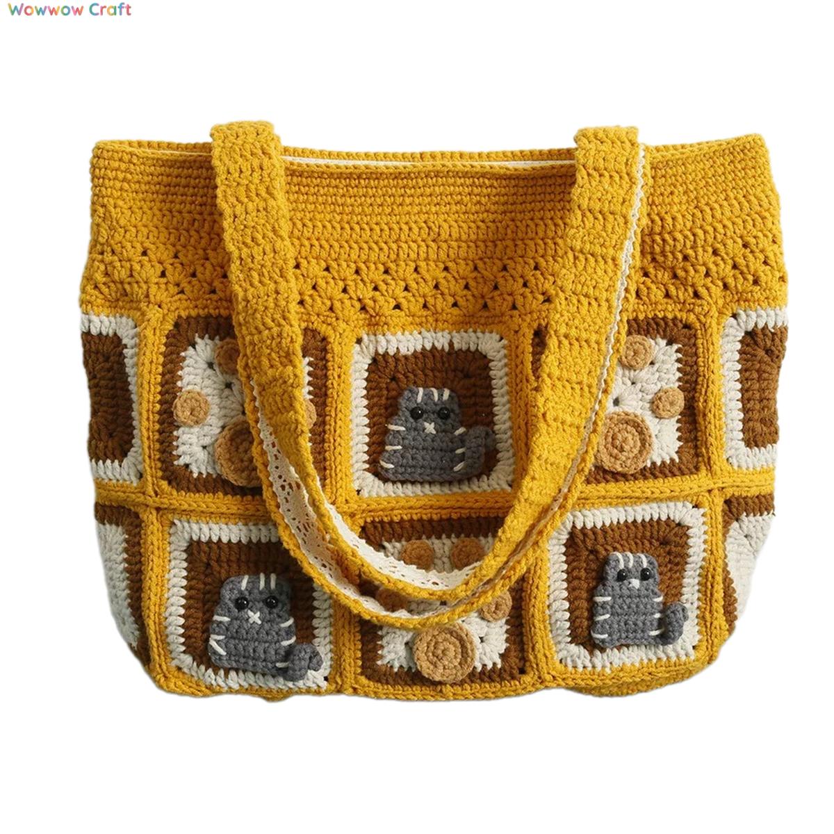 Shoulder Bags,Totes,Handmade Crochet Bags,Dark Yellow Flowers Embroidery Granny Square Tote crocheted with Snow Fairy Yarn - High quality handmade crocheted shoulder bag